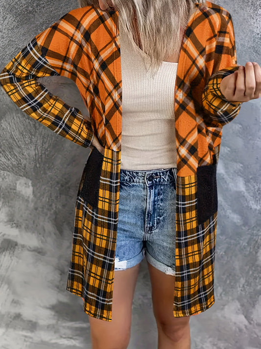  Plaid Print Long Sleeve Open Front Cardigan