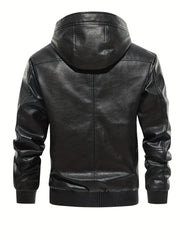 Men's PU Leather Hooded Jacket Windproof Waterproof Thick