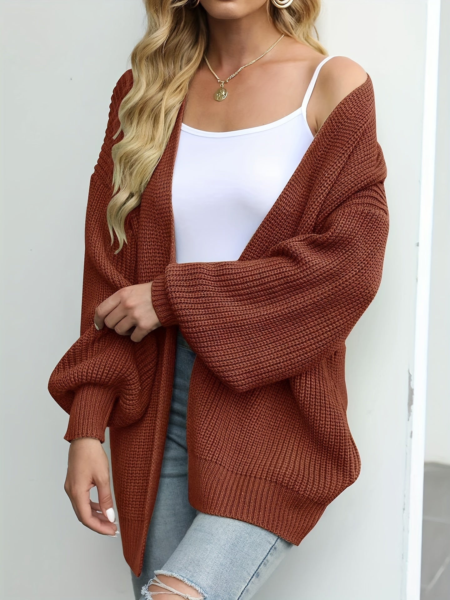  Solid Lantern Sleeve Open Front Cardigan