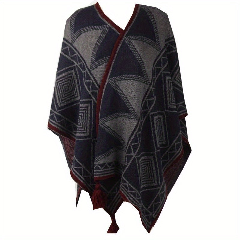 Geometric Pattern Shawl Large Warm Tassel Shawl Wrap