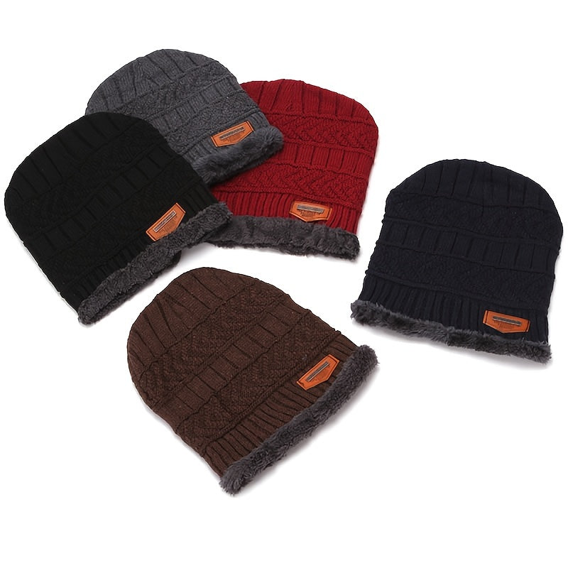 Men's Knitted Plush Beanie Hat Scarf Set