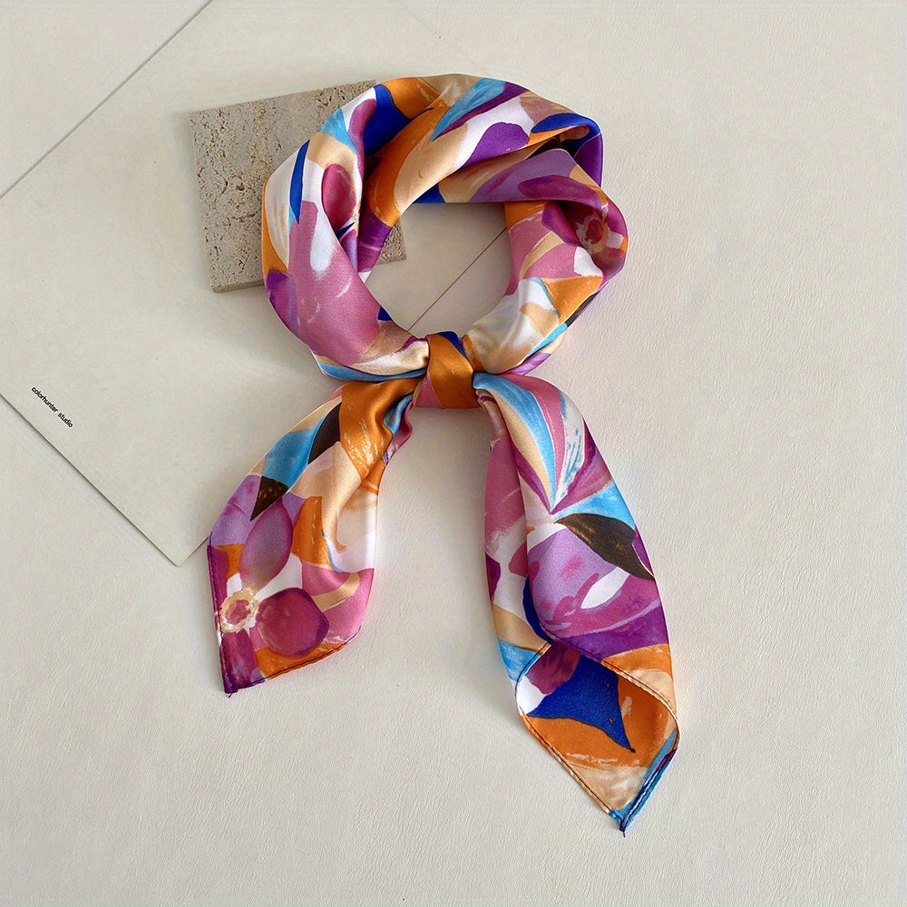 Flower Print Silk Square Scarf Bandana Head Wrap for Women