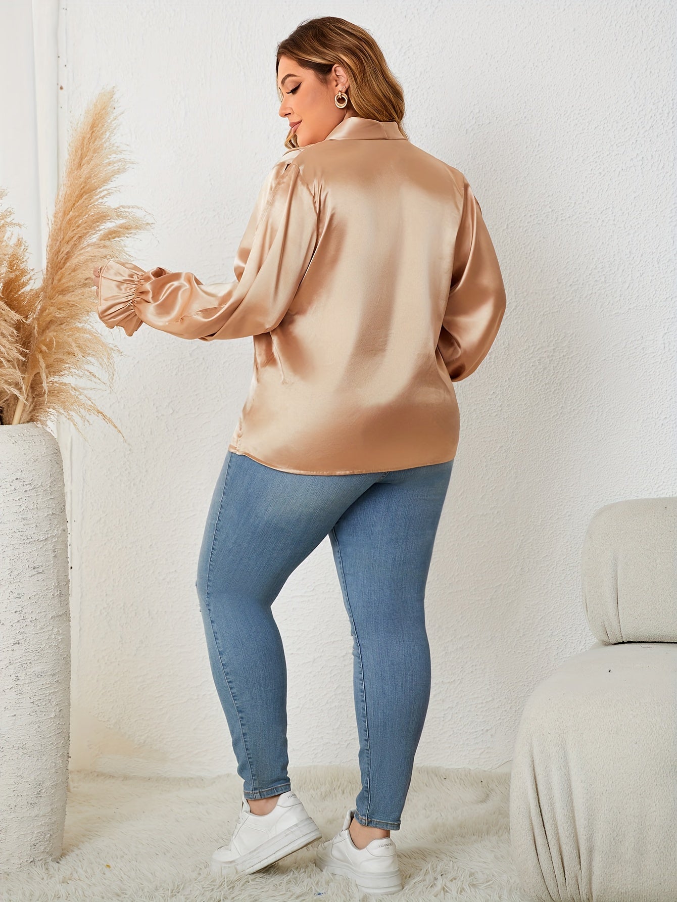  Surplice Neck Satin Blouse Ruched Sleeve Top