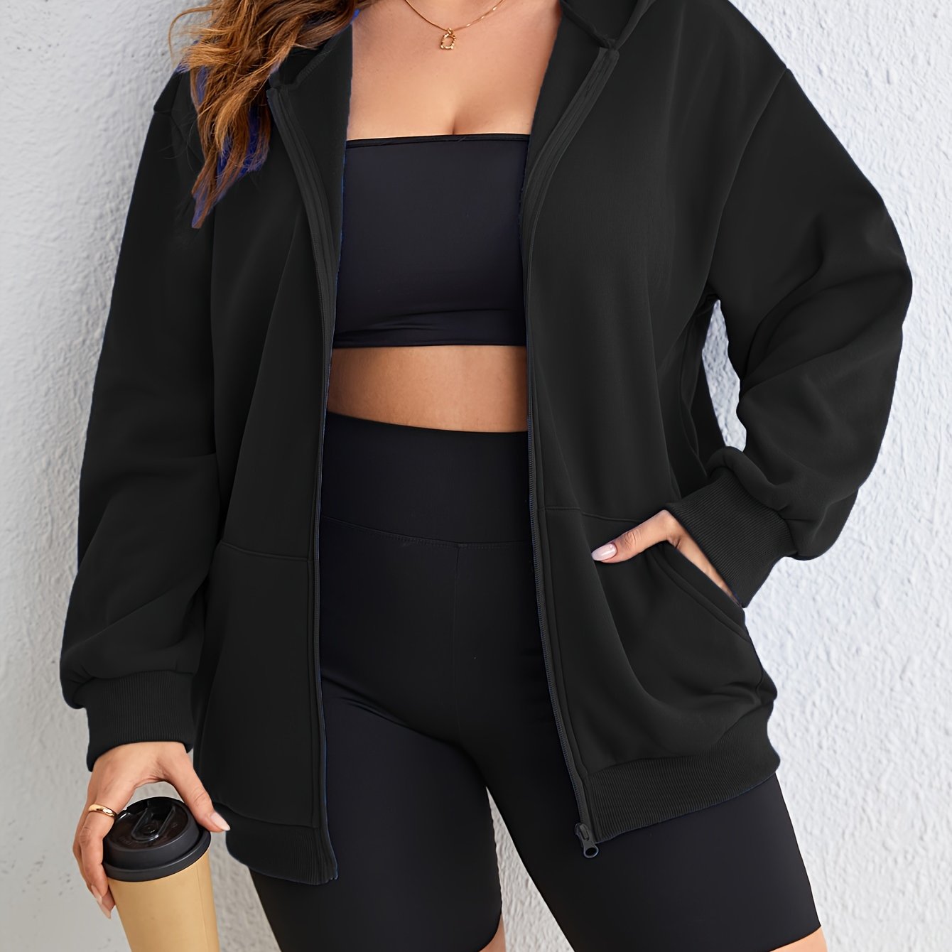  Long Sleeve Zip Hooded Coat with Pockets