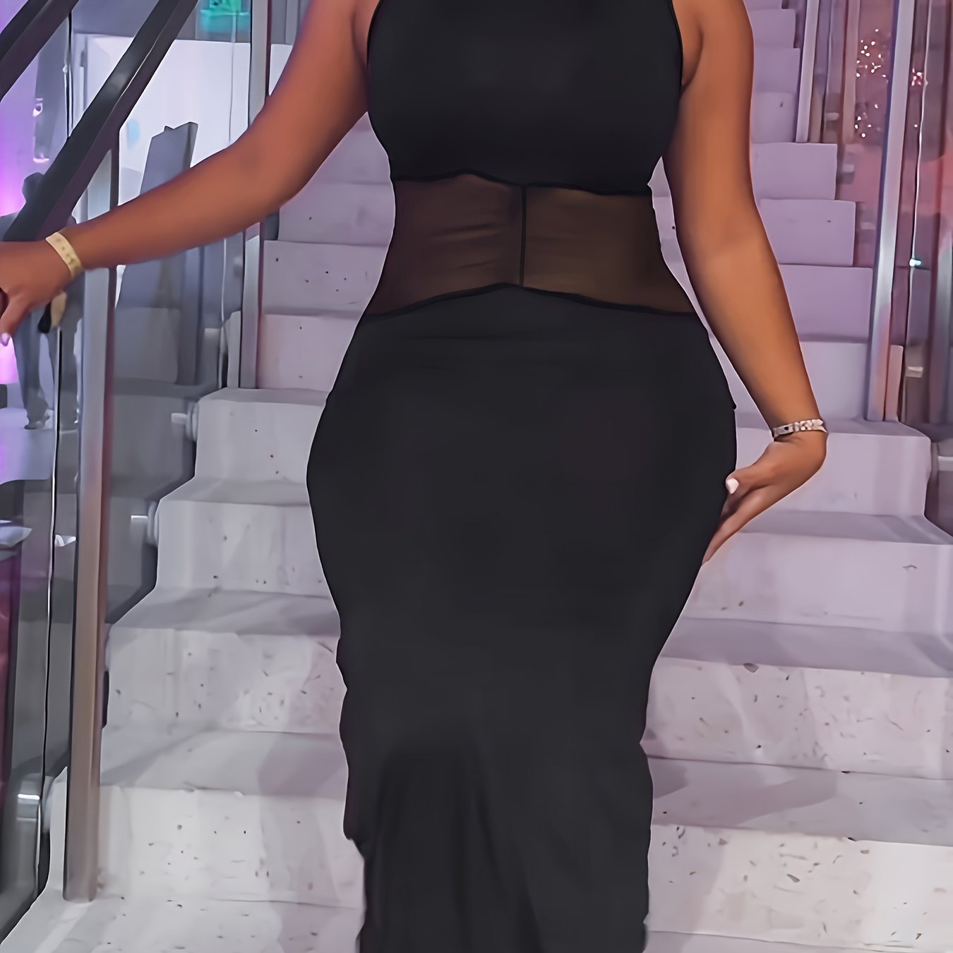  Mermaid Hooded Maxi Dress with Mesh Contrast