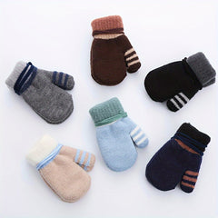 Kids Striped Knit Gloves Double Layer Warm Mittens