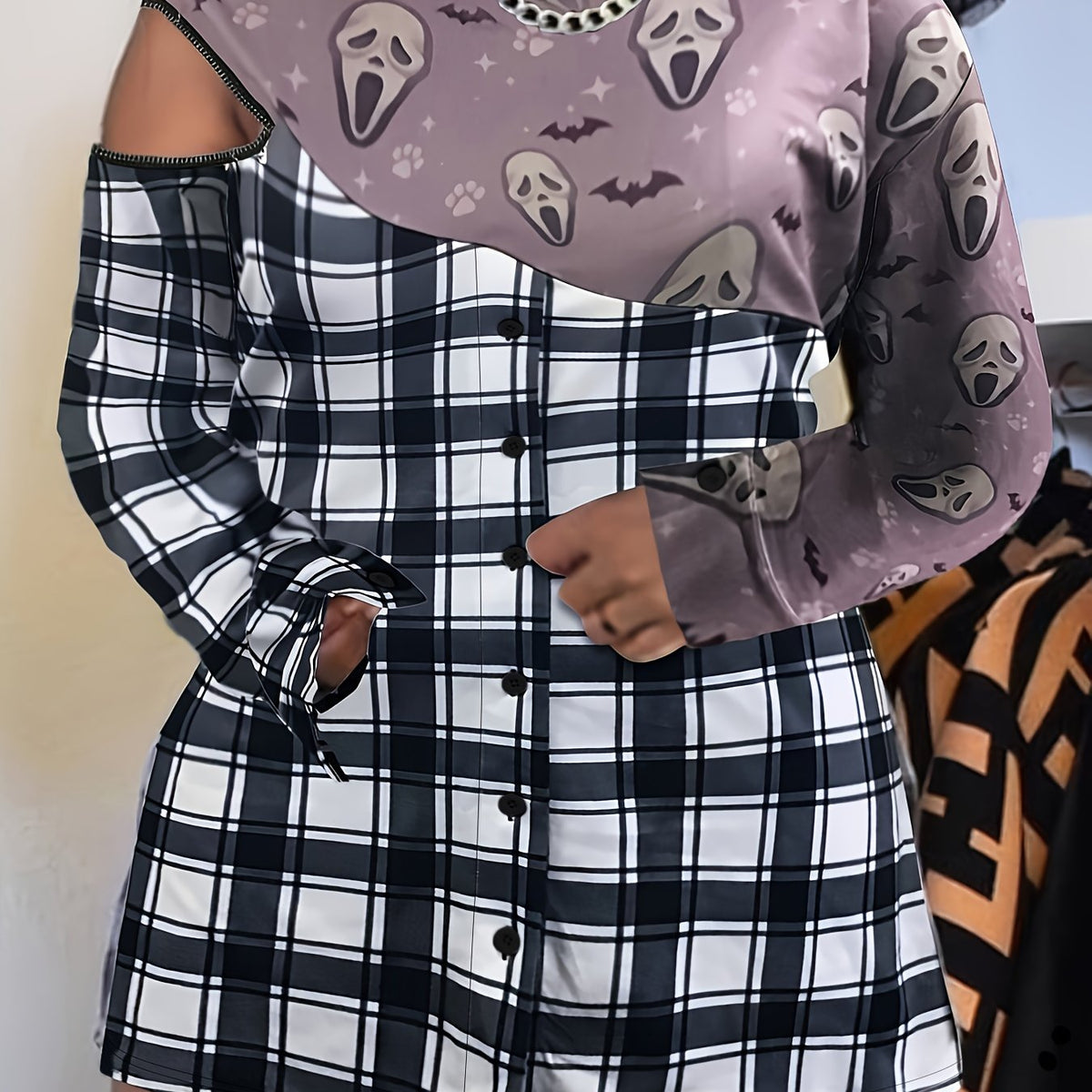  Colorblock Plaid & Skull Print Mock Neck Dress