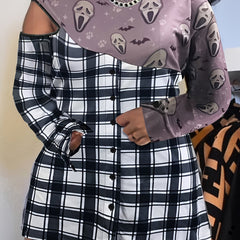  Colorblock Plaid & Skull Print Mock Neck Dress