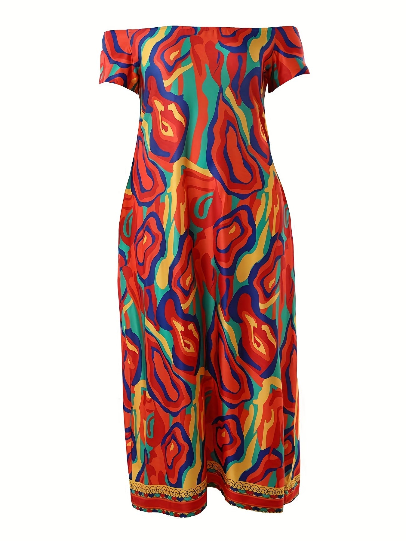 Women's Plus Colorblock Abstract Print Off Shoulder Maxi Dress With Pockets
