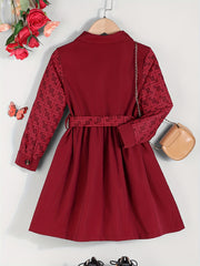 Girl's Geometric Print Long Sleeve Dress With Waistband