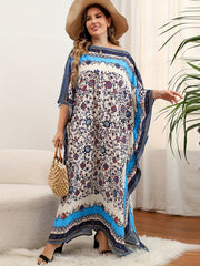  Boho Cover Up Dress Women's Plus Colorblock Floral Print Bat Sleeve V