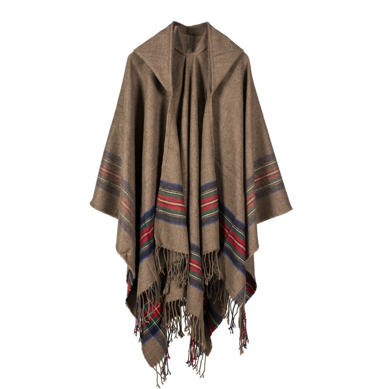 Vintage Jacquard Shawl Hooded Cloak Tassel Cape Womens Wrap Cardigan