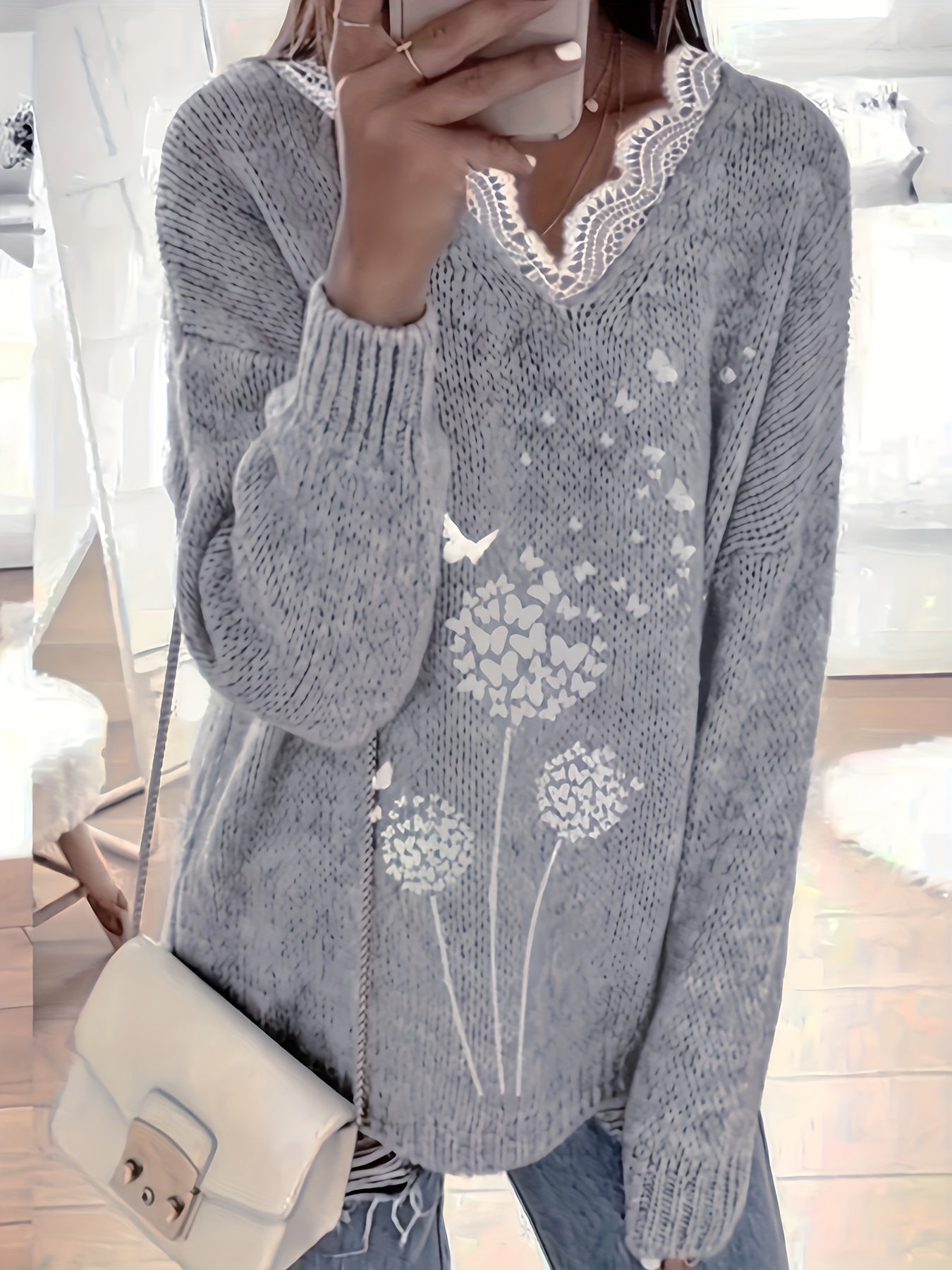 Plant Print Lace Trim V Neck Pullover Sweater for Women