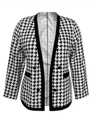  Houndstooth Print Double Breast Button Blazer