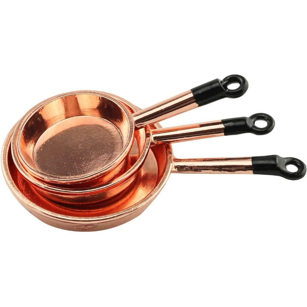 3pcs Dollhouse Cookware Set Metal Frying Pan with Lid & Copper Tart Pans