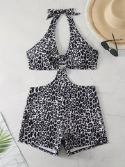  Leopard Print Cut Out Halter One Piece Swimsuit