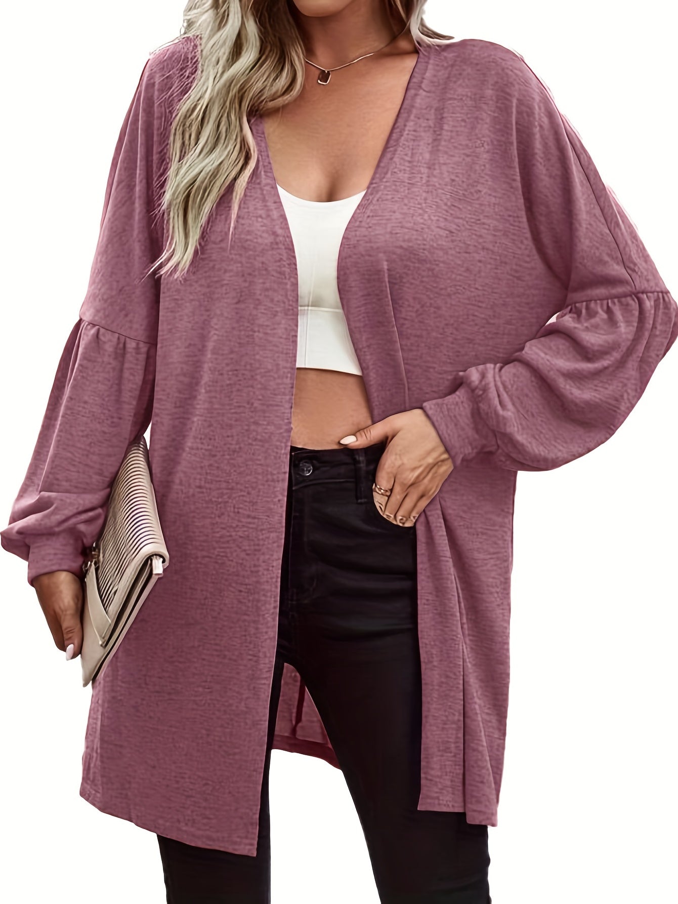  Solid Lantern Sleeve Open Front Cardigan