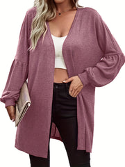  Solid Lantern Sleeve Open Front Cardigan
