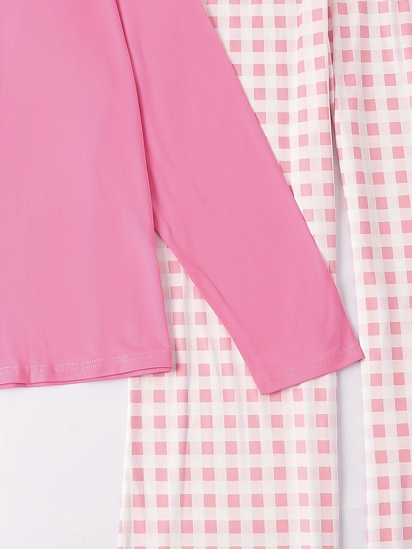  Pajama Set Soft Tee & Gingham Print Pants Two Piece Set