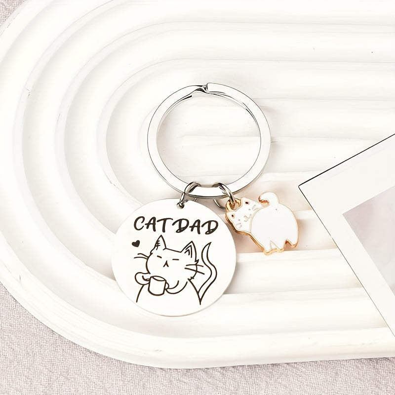 Cat Pattern Keychain Stainless Steel Round Key Chain
