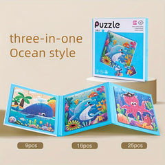 Advanced 3-in-1 Puzzle Book: Ocean Animals, Transportation, Dinosaurs