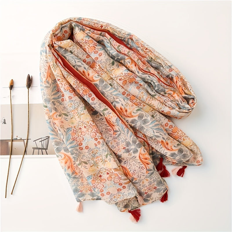 National Style Floral Fringed Scarf Lightweight Breathable Sunscreen Shawl