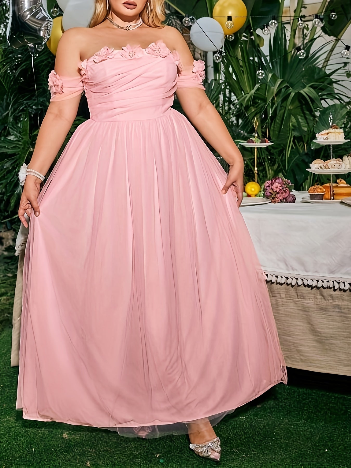  Mesh Off Shoulder Floral Maxi Bridesmaid Dress