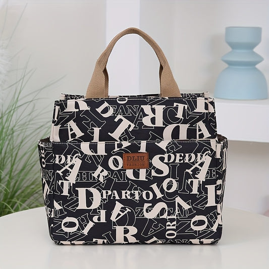 Vintage Floral & Letter Print Lunch Tote, Large Capacity