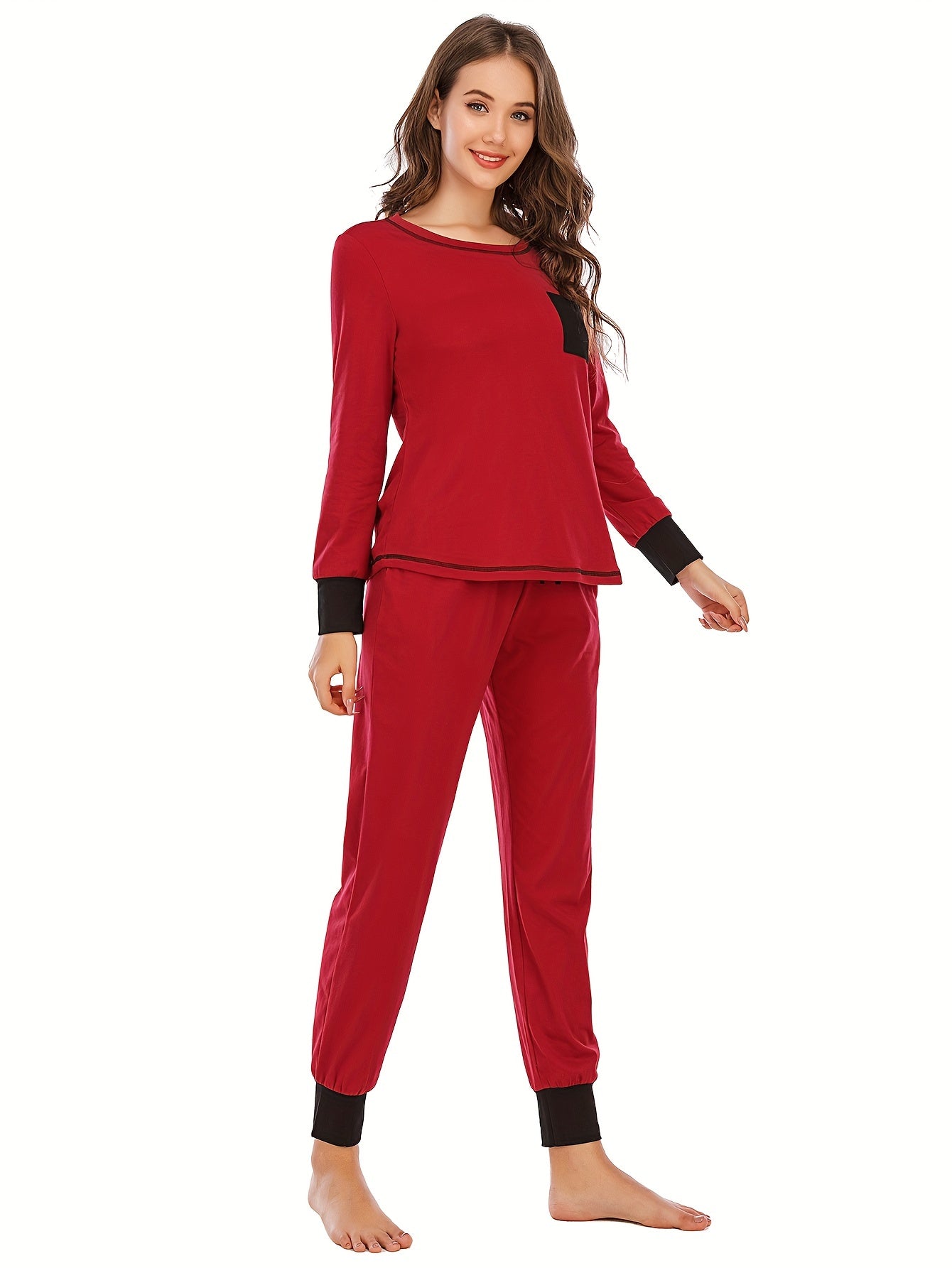 Striped Print Lounge Set Long Sleeve Top & Elastic Waistband Pants