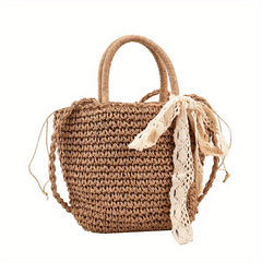 Straw Beach Bag Drawstring Bucket Shoulder Bag Boho Style Handbag