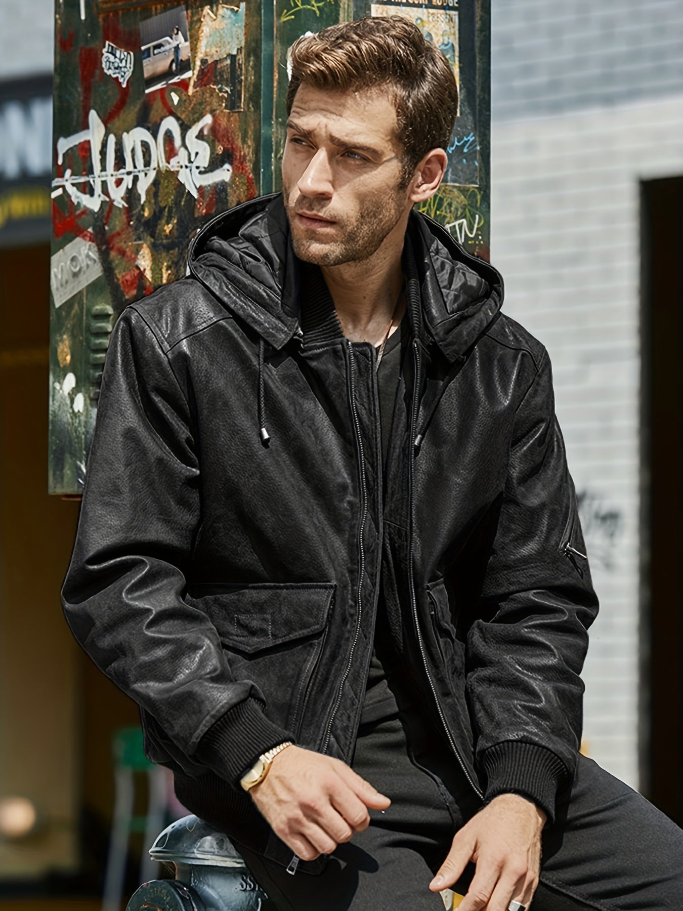 Men's Faux Leather Motorcycle Jacket Stand Collar with Hood