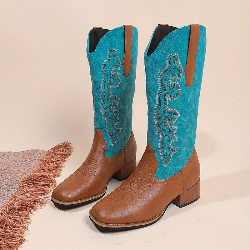Women's Retro Western Boots Embroidered Square Toe Chunky Heel Cowgirl Mid Calf