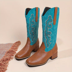 Women's Retro Western Boots Embroidered Square Toe Chunky Heel Cowgirl Mid Calf