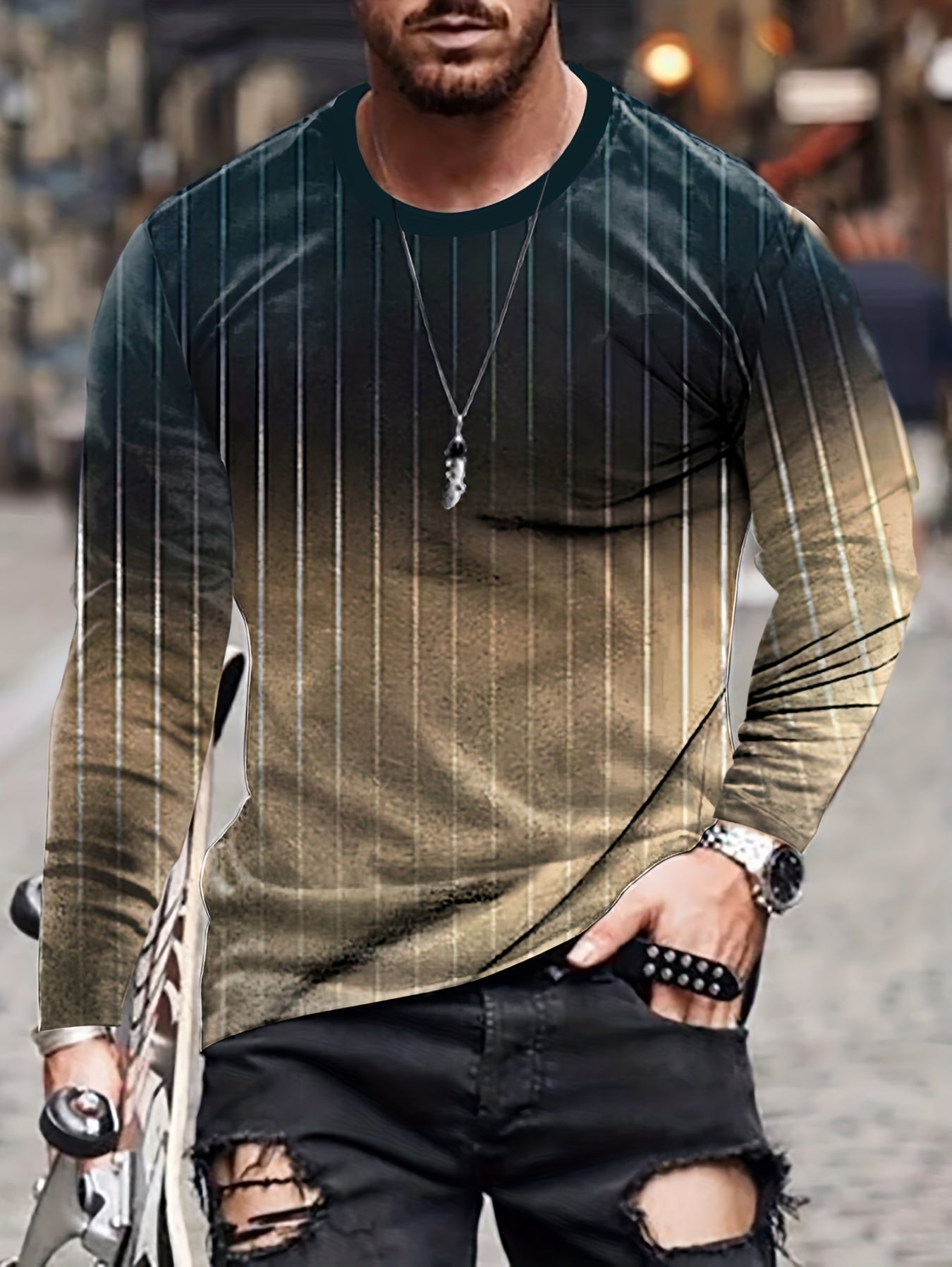 Gradient Men's Stripe Long Sleeve Novelty T shirt for Autumn