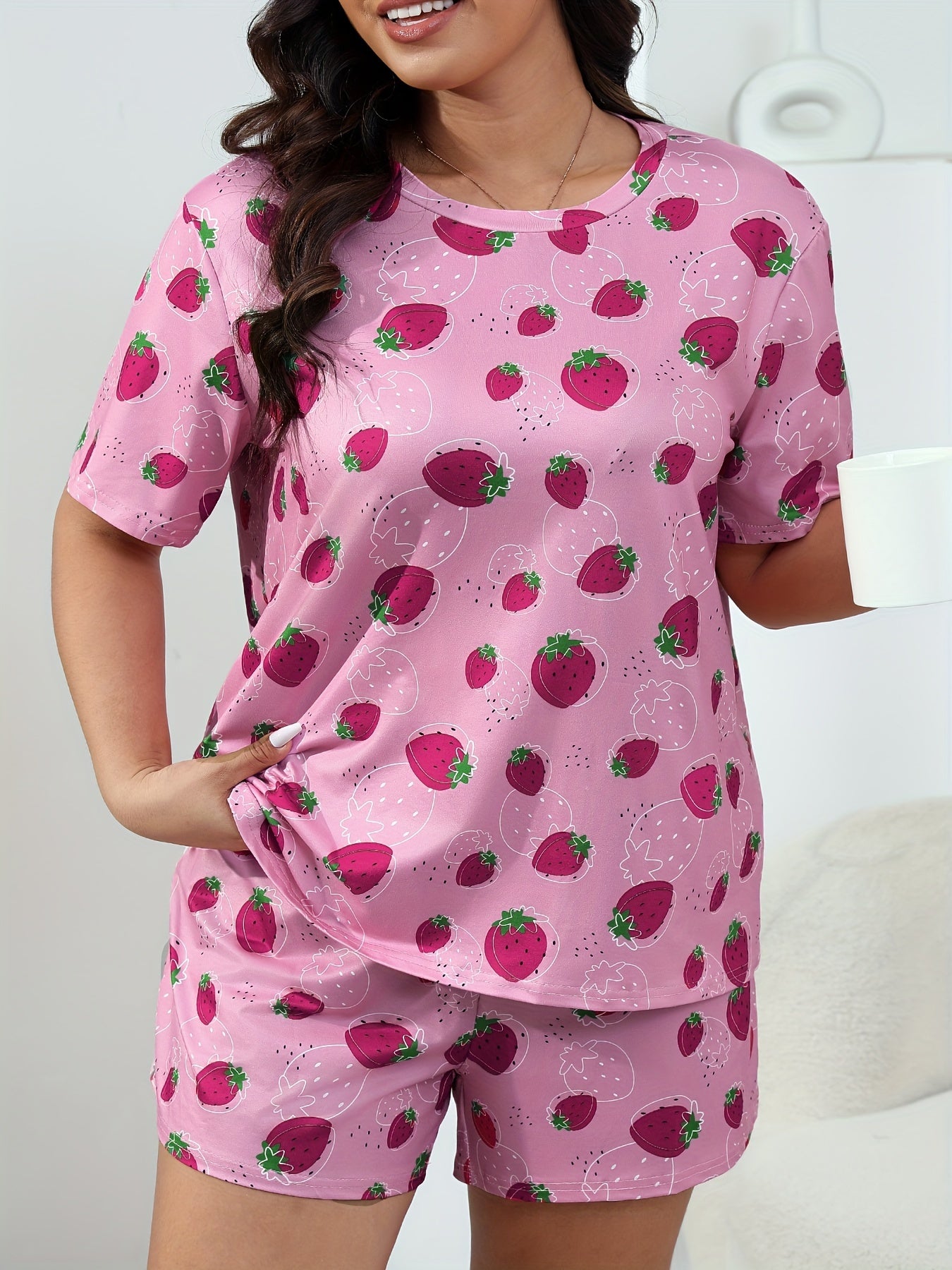  Strawberry Print T shirt & Shorts Pajama Set