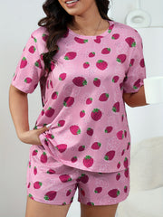  Strawberry Print T shirt & Shorts Pajama Set