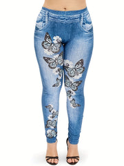  Denim & Butterfly Print Skinny Leggings
