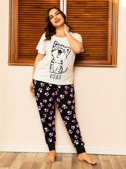  Cat Print Short Sleeve Top & Paw Print Pants Set