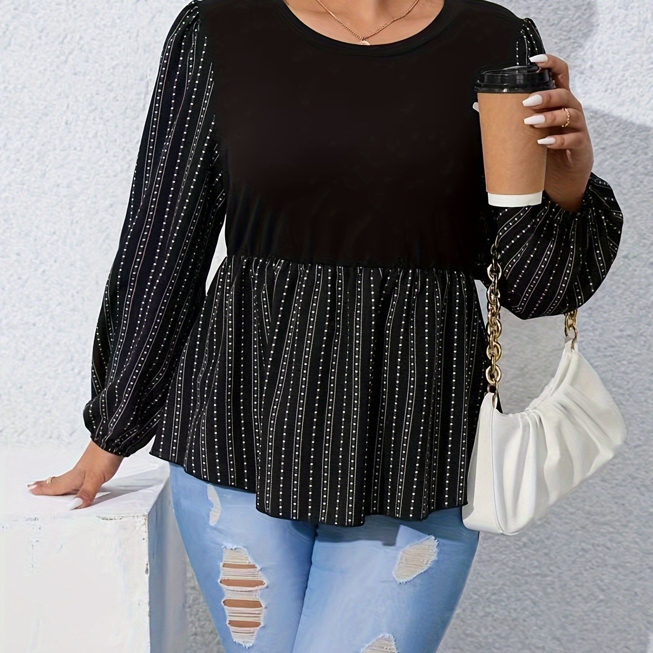  Colorblock Stripe & Dot Print Lantern Sleeve Peplum Shirt
