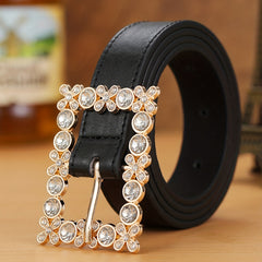 Square Rhinestone Hollow Out Buckle Wide Belt for Women