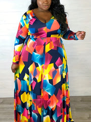  Geometric Print V Neck Long Sleeve Maxi Dress Women's Plus