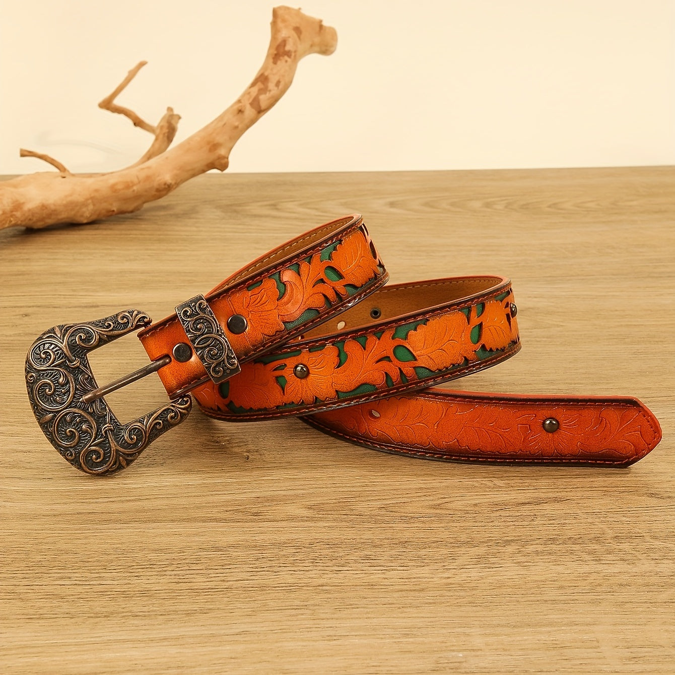 Vintage Carved Buckle Flower Embossed Belt PU Belt For Women Men