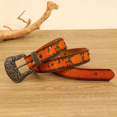 Vintage Carved Buckle Flower Embossed Belt PU Belt For Women Men