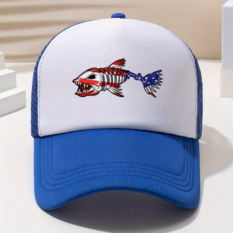 Fish Bone Print Trucker Hat Unisex Hip Hop Breathable Mesh Baseball Cap