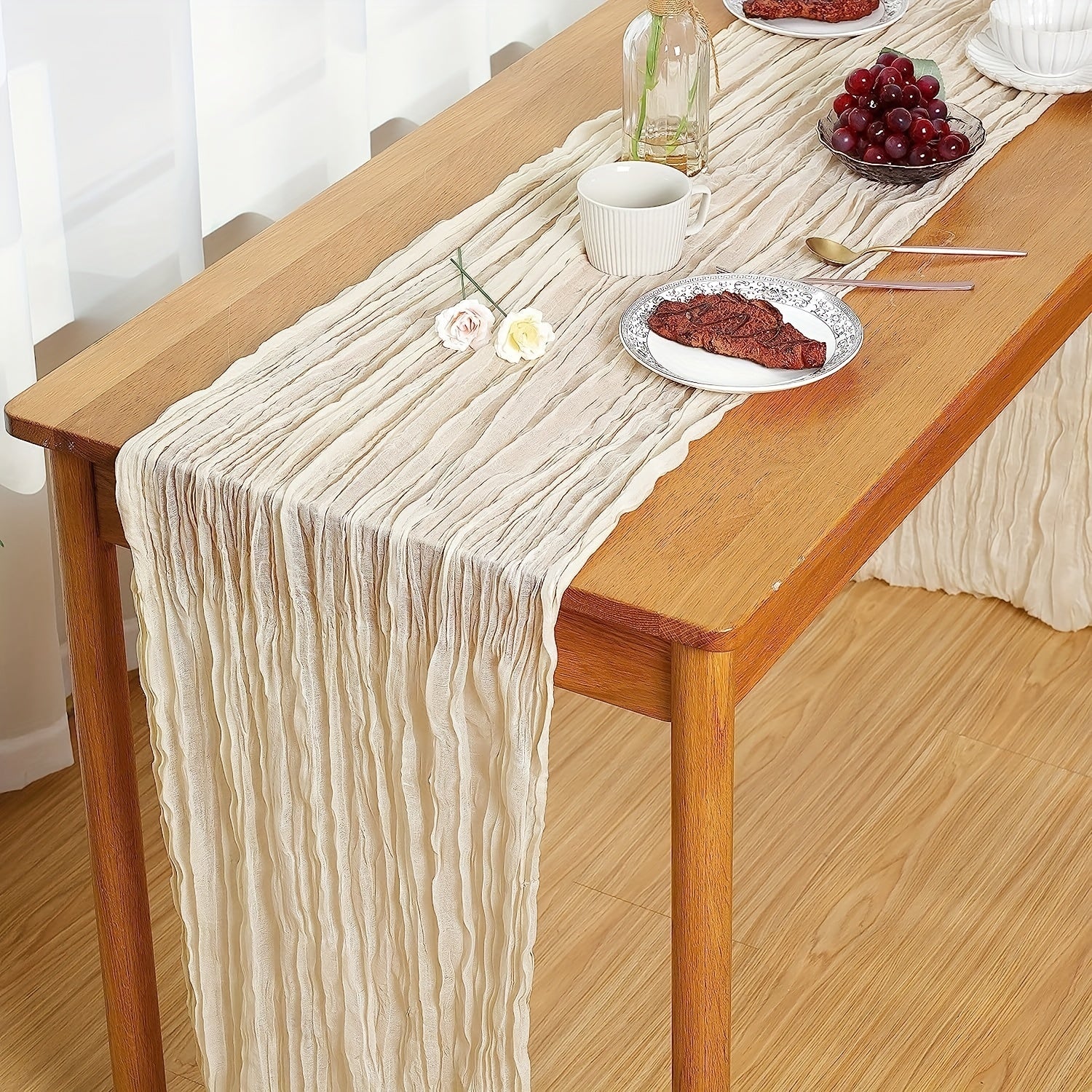 Polyester Table Runner Beige Balinese Pleated Solid Table Cover