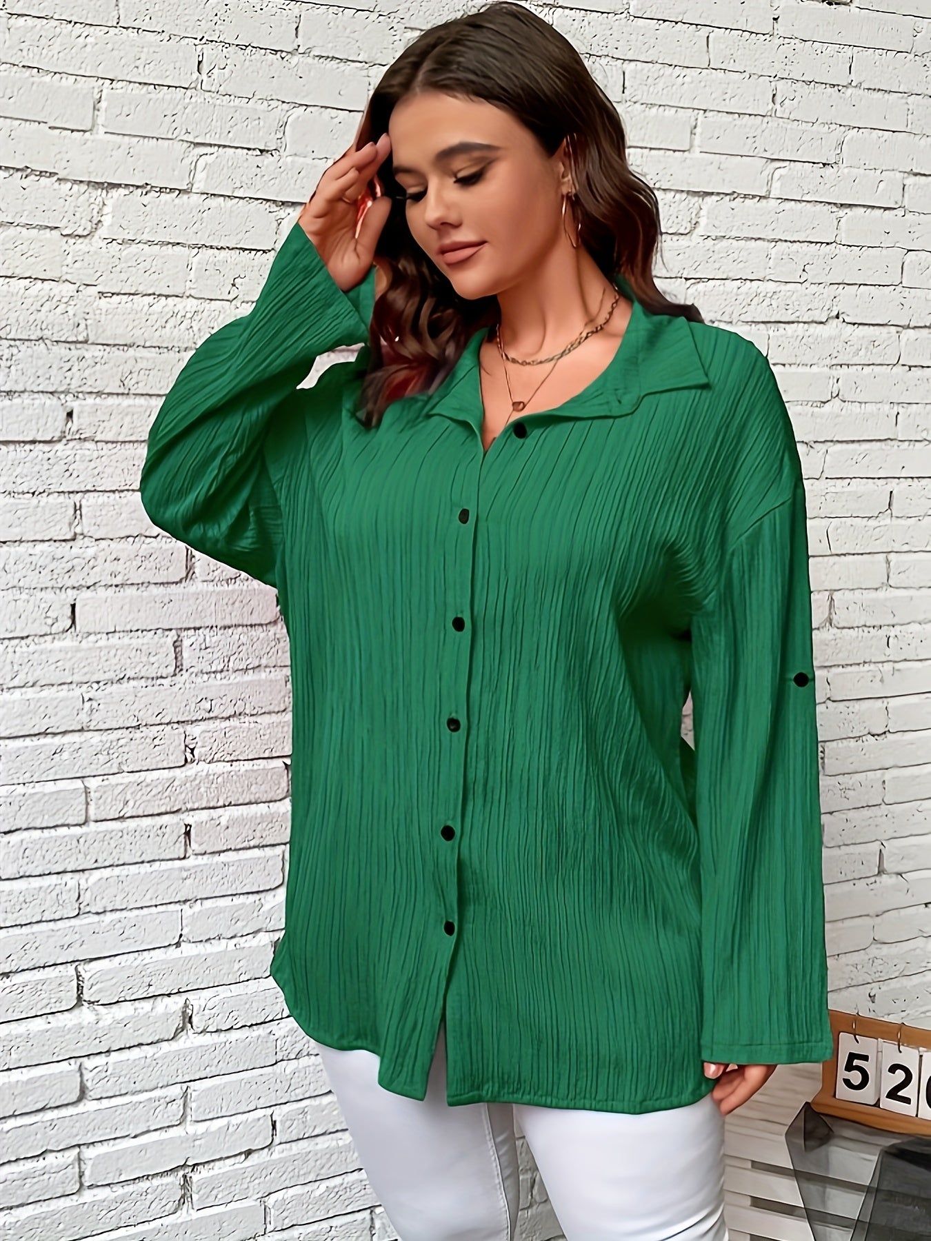  Solid Crinkle Button Up Long Sleeve Blouse