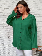  Solid Crinkle Button Up Long Sleeve Blouse