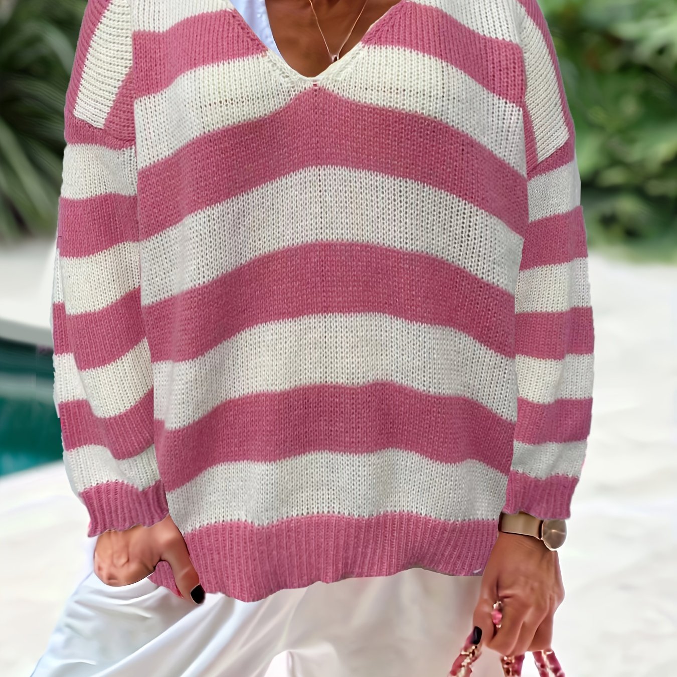  Colorblock Stripe Print V Neck Jumper