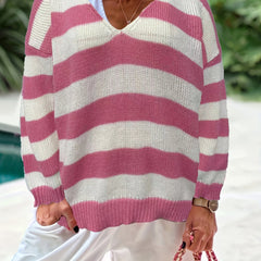  Colorblock Stripe Print V Neck Jumper