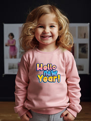 Girls Hello Year Pattern Crew Neck Long Sleeve Sweatshirt